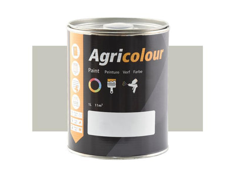 A one-liter tin of Sparex Agricolour paint with a black label displaying icons and text in multiple languages, perfect for metal surface preparation. Available in light grey metallic (Sparex Part Number: S.85598).