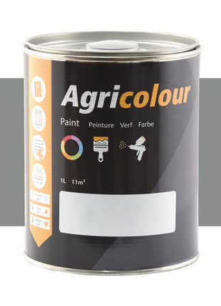 A 1-liter tin of Sparex Agricolour Smoke Grey gloss paint (Sparex Part Number: S.89502) comes with a black label that includes icons and text in multiple languages, detailing usage and coverage. This glossy finish paint is suitable for both wood and metal surfaces.