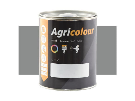 A 1-liter tin of Sparex Agricolour Smoke Grey gloss paint (Sparex Part Number: S.89502) comes with a black label that includes icons and text in multiple languages, detailing usage and coverage. This glossy finish paint is suitable for both wood and metal surfaces.