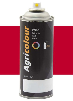 A 400 ml can of Sparex Agricolour Red Gloss Aerosol Paint (Sparex Part Number: S.92306) features a black label with multilingual text indicating its use and color, ensuring a gloss finish.