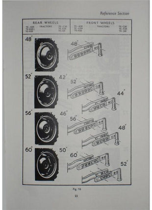 A page from the Massey Ferguson - TE20 Operators Instruction Book (819096M1) by AGCO shows different sizes of rear and front tractor wheels with corresponding measurements and bracket illustrations.