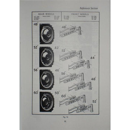 A page from the Massey Ferguson - TE20 Operators Instruction Book (819096M1) by AGCO shows different sizes of rear and front tractor wheels with corresponding measurements and bracket illustrations.