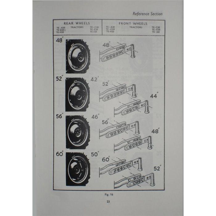 A page from the Massey Ferguson - TE20 Operators Instruction Book (819096M1) by AGCO shows different sizes of rear and front tractor wheels with corresponding measurements and bracket illustrations.