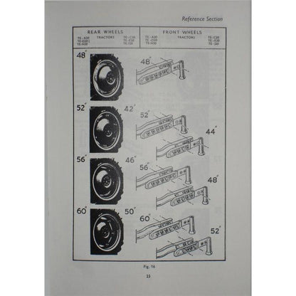A page from the Massey Ferguson - TE20 Operators Instruction Book (819096M1) by AGCO shows different sizes of rear and front tractor wheels with corresponding measurements and bracket illustrations.