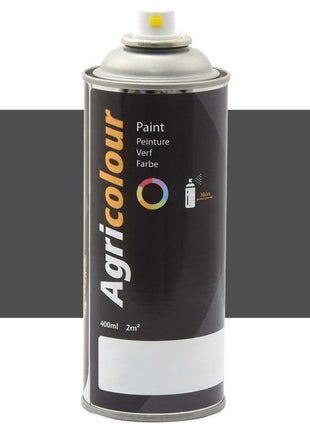 An image of a 400ml Sparex spray paint can with a black label and various text details. The can, known as Paint - Agricolour - Brown Grey, Gloss 400ml Aerosol (Sparex Part Number: S.93628), is displayed against a gray rectangular background.