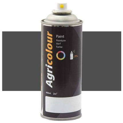 An image of a 400ml Sparex spray paint can with a black label and various text details. The can, known as Paint - Agricolour - Brown Grey, Gloss 400ml Aerosol (Sparex Part Number: S.93628), is displayed against a gray rectangular background.