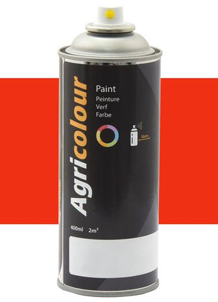 The Sparex Agricolour Super Red Gloss 400ml aerosol spray can (Sparex Part Number: S.94305) features a vibrant red rectangle background. This versatile paint can includes labeling in multiple languages and a color sample, making it ideal for metal surfaces.