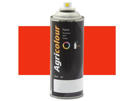 The Sparex Agricolour Super Red Gloss 400ml aerosol spray can (Sparex Part Number: S.94305) features a vibrant red rectangle background. This versatile paint can includes labeling in multiple languages and a color sample, making it ideal for metal surfaces.