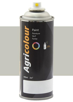 A 400ml can of Sparex Paint - Agricolour Light Grey Metallic spray, featuring a black label with a color circle, the word "Paint" in multiple languages, and an aerosol spray icon indicating it covers a 2m² area. (Sparex Part Number: S.95598)