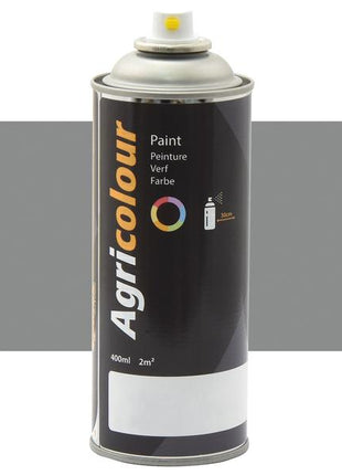 A black Aerosol spray can labeled "Paint - Agricolour - Smoke Grey, Gloss 400ml Aerosol" by Sparex (Part Number: S.99502). The can indicates a 400 ml volume, coverage of 2m², and a sleek Gloss Finish.