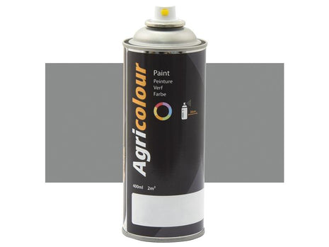 A black Aerosol spray can labeled "Paint - Agricolour - Smoke Grey, Gloss 400ml Aerosol" by Sparex (Part Number: S.99502). The can indicates a 400 ml volume, coverage of 2m², and a sleek Gloss Finish.