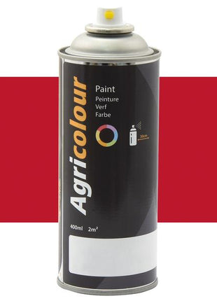 A 400ml can of Sparex AgriColour aerosol spray paint, labeled in English, French, and German with a black design and a yellow nozzle. The solid red background highlights its suitability for metal surface preparation. The product is named "Paint - Agricolour - MF50 Red, Gloss 400ml Aerosol" and has the Sparex Part Number: S.99666.