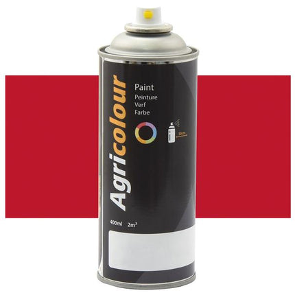 A 400ml can of Sparex AgriColour aerosol spray paint, labeled in English, French, and German with a black design and a yellow nozzle. The solid red background highlights its suitability for metal surface preparation. The product is named "Paint - Agricolour - MF50 Red, Gloss 400ml Aerosol" and has the Sparex Part Number: S.99666.