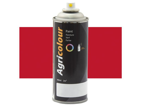 A 400ml can of Sparex AgriColour aerosol spray paint, labeled in English, French, and German with a black design and a yellow nozzle. The solid red background highlights its suitability for metal surface preparation. The product is named "Paint - Agricolour - MF50 Red, Gloss 400ml Aerosol" and has the Sparex Part Number: S.99666.