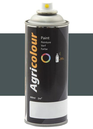 A 400ml aerosol spray can of Sparex Agricolour paint in Slate Grey (Gloss), ideal for metal surfaces, complete with a grey-colored sample behind it, labeled to cover an area of 2m². (Sparex Part Number: S.999503)