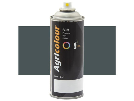 A 400ml aerosol spray can of Sparex Agricolour paint in Slate Grey (Gloss), ideal for metal surfaces, complete with a grey-colored sample behind it, labeled to cover an area of 2m². (Sparex Part Number: S.999503)