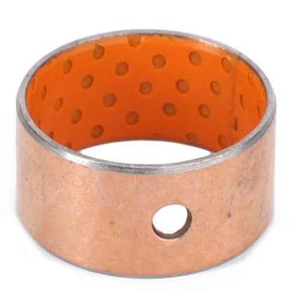 An AGCO cylindrical metal bearing with an orange interior and a small hole on one side, specifically designed for the Massey Ferguson Loader, available as the Massey Ferguson - Bush - AL5018514.