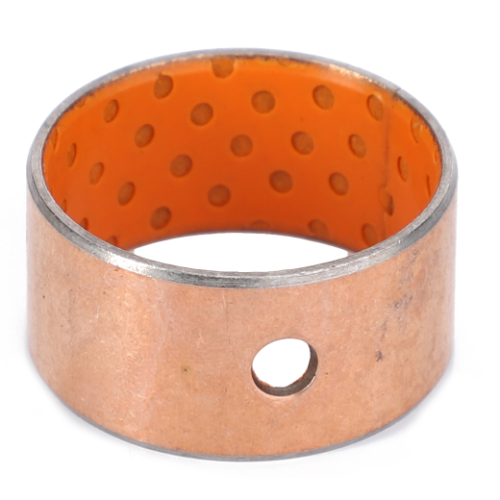 An AGCO cylindrical metal bearing with an orange interior and a small hole on one side, specifically designed for the Massey Ferguson Loader, available as the Massey Ferguson - Bush - AL5018514.