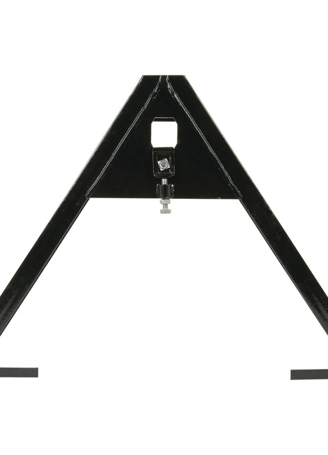 The Sparex A Frame Implement Attachment (Cat. 1 & 2) - S.23465 is a black, triangular welding fixture equipped with a bolt and nut at the top center, designed to hold and stabilize workpieces with sturdiness comparable to Cat 1 & 2 A Frames.