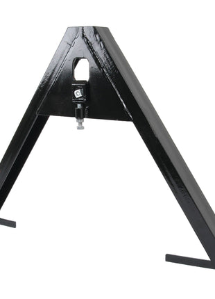 The Sparex A Frame Implement Attachment (Cat. 1 & 2) - S.23465 is a black, triangular metal frame with two bottom support extensions and a central connection point, designed for Cat 1 & 2 A Frames and featuring 3 Point Couplings. It boasts a load capacity of 1500Kg for robust performance.