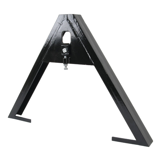 The Sparex A Frame Implement Attachment (Cat. 1 & 2) - S.23465 is a black, triangular metal frame with two bottom support extensions and a central connection point, designed for Cat 1 & 2 A Frames and featuring 3 Point Couplings. It boasts a load capacity of 1500Kg for robust performance.