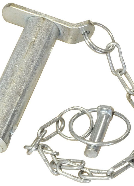 A metal linch pin, featuring an attached chain assembly and a secondary smaller pin connected to a circular ring, identified as the "A Frame Lower Link Pin & Chain" under Sparex Part No. S.23987 from the brand Sparex.