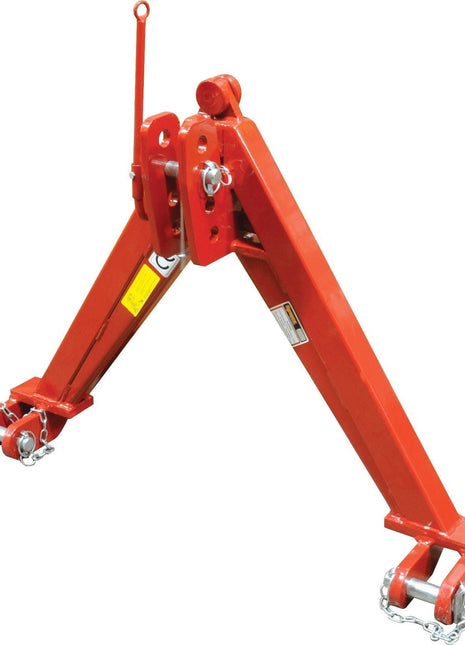 The Sparex A Frame Quick Hitch System (Cat.2) CE Approved - S.23464 is a red, metal A-frame lifting attachment equipped with chains and hooks connected to the base, specifically designed for securing and supporting heavy equipment or machinery. It has a clearly marked load capacity compatible with Cat. 2 specifications.
