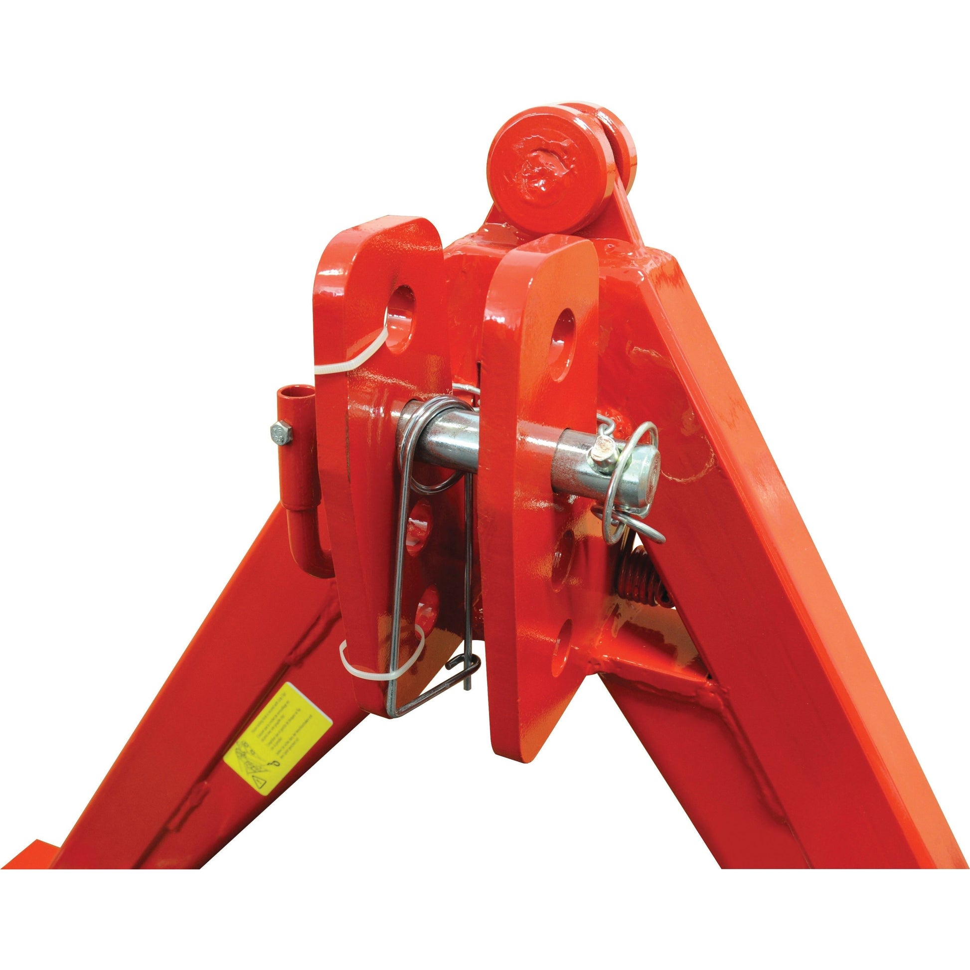 Close-up view of the Sparex A Frame Quick Hitch System (Cat.2) CE Approved - S.23464, a bright red metal hitch or coupling mechanism featuring pins and locking clips. This CE Approved device ensures optimal load capacity for Cat. 2 applications.