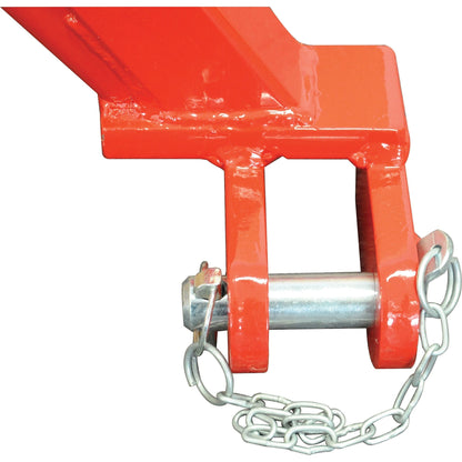 Close-up of the A Frame Quick Hitch System (Cat.2) CE Approved - S.23464 by Sparex, showcasing a red metal design with a hinged component secured by a silver pin and an attached chain, boasting CE Approved quality.