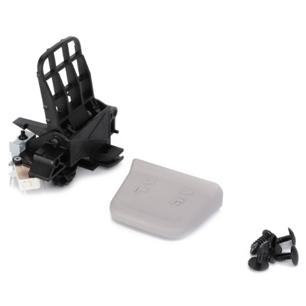 The AGCO Massey Ferguson Actuation F312500030130 is a black plastic automotive part that includes an attached switch, a gray cover, and several small black clips, making it ideal for Massey Ferguson tractors.