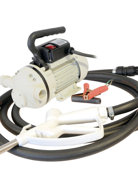 The Adblue Transfer Pump 12v - S.44207 by Sparex is a compact, self-priming electric transfer pump equipped with attached hoses, clamps, and a nozzle, specifically designed for fluid transfer tasks. This diaphragm pump includes a convenient handle and an on/off switch on its body for ease of use.