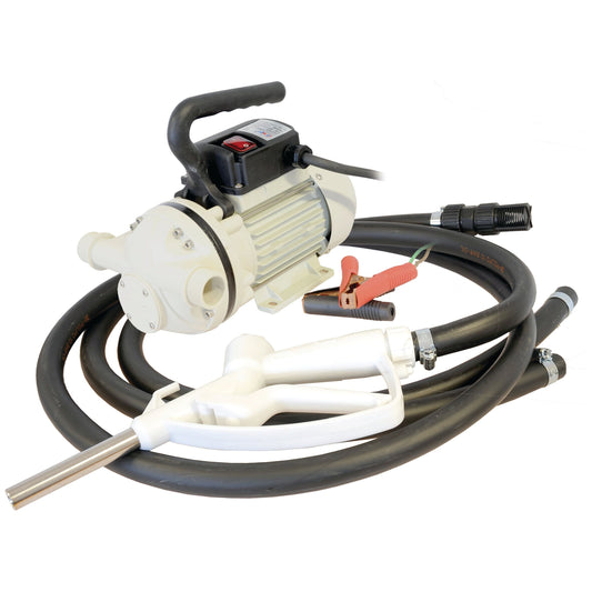 The Adblue Transfer Pump 12v - S.44207 by Sparex is a compact, self-priming electric transfer pump equipped with attached hoses, clamps, and a nozzle, specifically designed for fluid transfer tasks. This diaphragm pump includes a convenient handle and an on/off switch on its body for ease of use.
