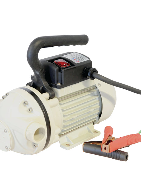 The Sparex Adblue Transfer Pump 12v - S.44207 is a white electric diaphragm pump featuring a black handle and two hose connectors. This self-priming pump includes a power switch and is connected to a cord equipped with red and black alligator clips, making it ideal for Adblue applications.