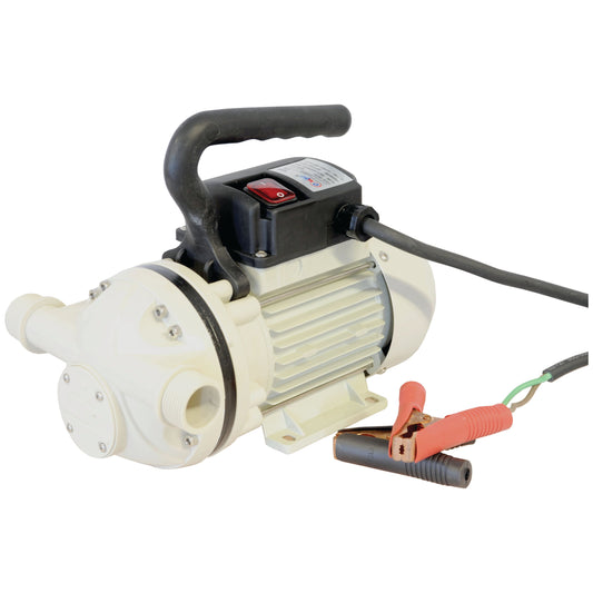 The Sparex Adblue Transfer Pump 12v - S.44207 is a white electric diaphragm pump featuring a black handle and two hose connectors. This self-priming pump includes a power switch and is connected to a cord equipped with red and black alligator clips, making it ideal for Adblue applications.
