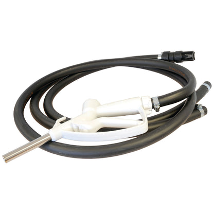 Introducing the Adblue Transfer Pump 12v - S.44207 by Sparex, featuring a coiled black hose with a white fuel dispenser nozzle, metal tip attached, and an integrated self-priming diaphragm pump.