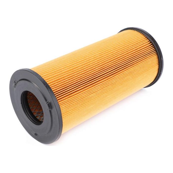 The AGCO Massey Ferguson - Air Filter - 6242573M92 features a cylindrical design with yellow pleated paper and black plastic end caps, and is compatible with the Massey Ferguson 1500 Series.
