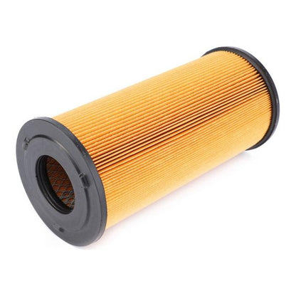The AGCO Massey Ferguson - Air Filter - 6242573M92 features a cylindrical design with yellow pleated paper and black plastic end caps, and is compatible with the Massey Ferguson 1500 Series.