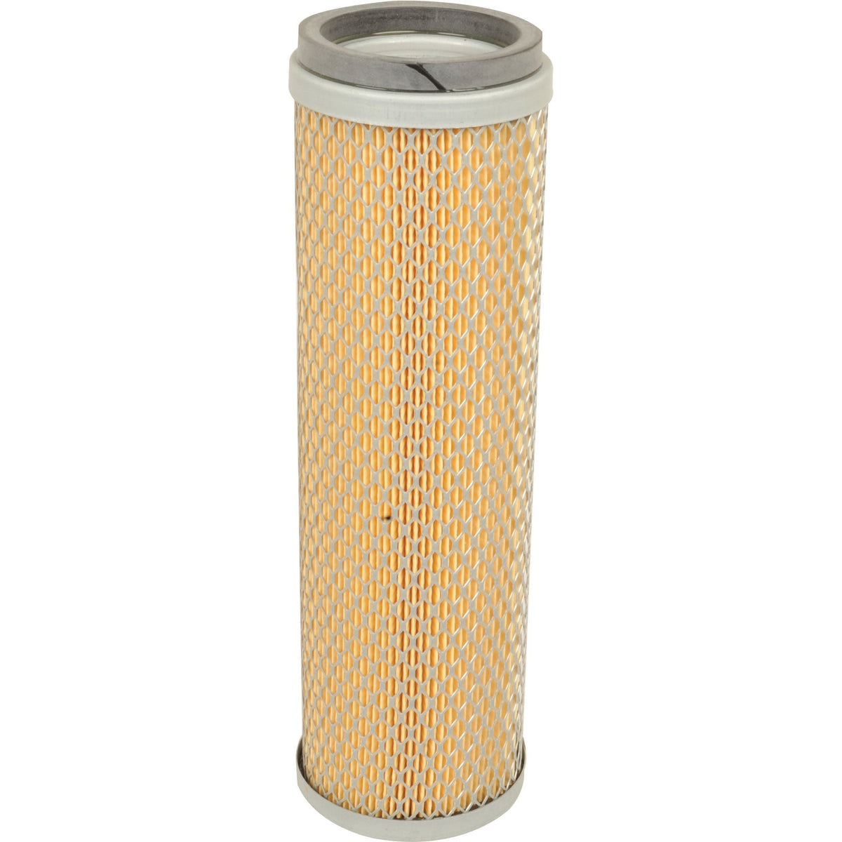 The Sparex Air Filter - Inner (AF1859 | Sparex Part No. S.76340) features a cylindrical design with a metal top and bottom, as well as a beige mesh-like outer layer, and is engineered to meet Massey Ferguson standards.