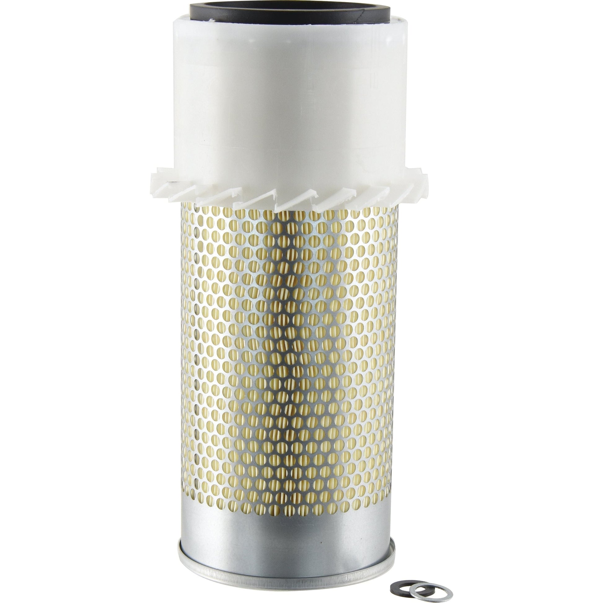 A cylindrical Sparex air filter (Outer), identified as Sparex Part No. S.154361, featuring a perforated metal exterior and a white plastic top. A small metal washer is placed beside it. Suitable for Case IH vehicles.