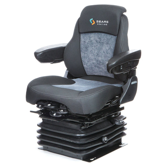 A black and gray ergonomic seat with luxury cut and sew fabric and adjustable armrests, featuring an electrical lumbar adjustment and a compressed air suspension base, branded "Sparex" under the product name Air Suspension Seat - 12V (S.156654).