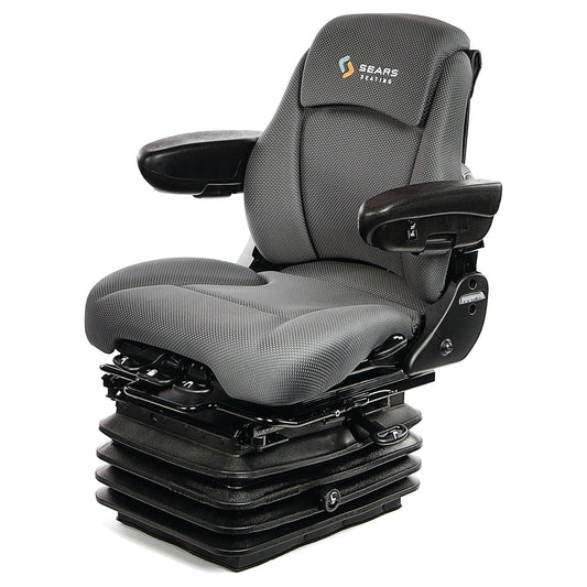 A gray cushioned seat branded as the Sparex Air Suspension Seat - 12V (Fabric) - S.156652, featuring foldable armrests and a suspension base. It includes electrical lumbar adjustment for customizable support and double depth comfort cushions for enhanced relaxation.