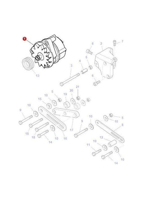 Exploded diagram of a mechanical assembly for the Massey Ferguson Alternator 80amp (Part No. 4287013M3) by AGCO, depicting various numbered components such as bolts, gears, and pulleys.