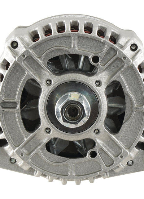 Front view of a Sparex Mahle alternator (Part No. S.35947), highlighting the central spindle and the surrounding metallic casing with cooling vents, engineered to deliver optimum performance at 14V and 150 Amps.