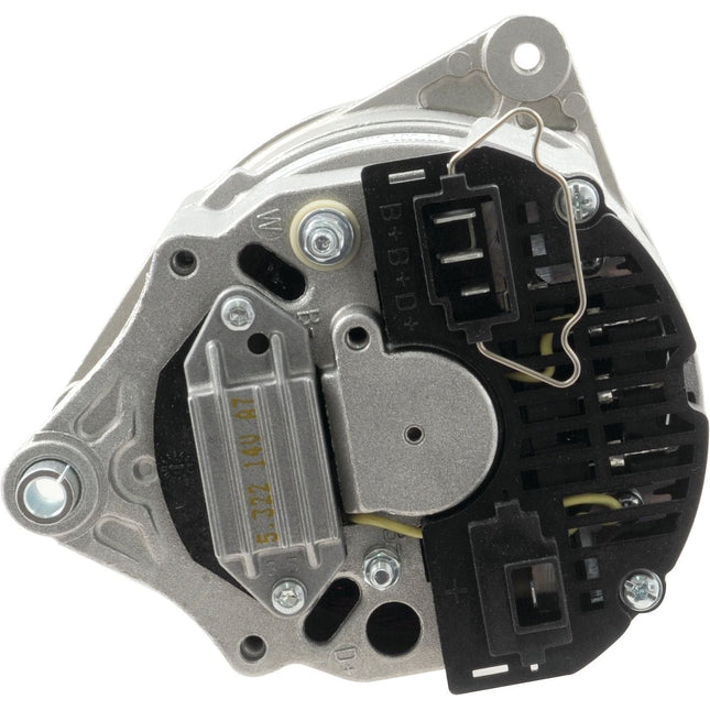 Close-up of a Mahle alternator, 14V, 55 Amps (Sparex Part No. S.35925), suitable for Landini, showing component details and electrical connectors. The metal housing features various bolts and wiring, with a prominently featured single groove pulley.