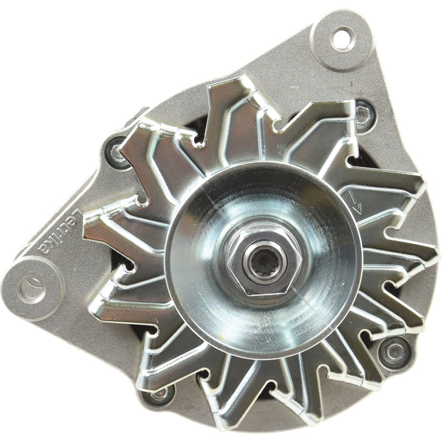 Close-up of a Sparex Alternator (Mahle) - 14V, 65 Amps with metallic fins and a single groove pulley, featuring a bolt in the center.