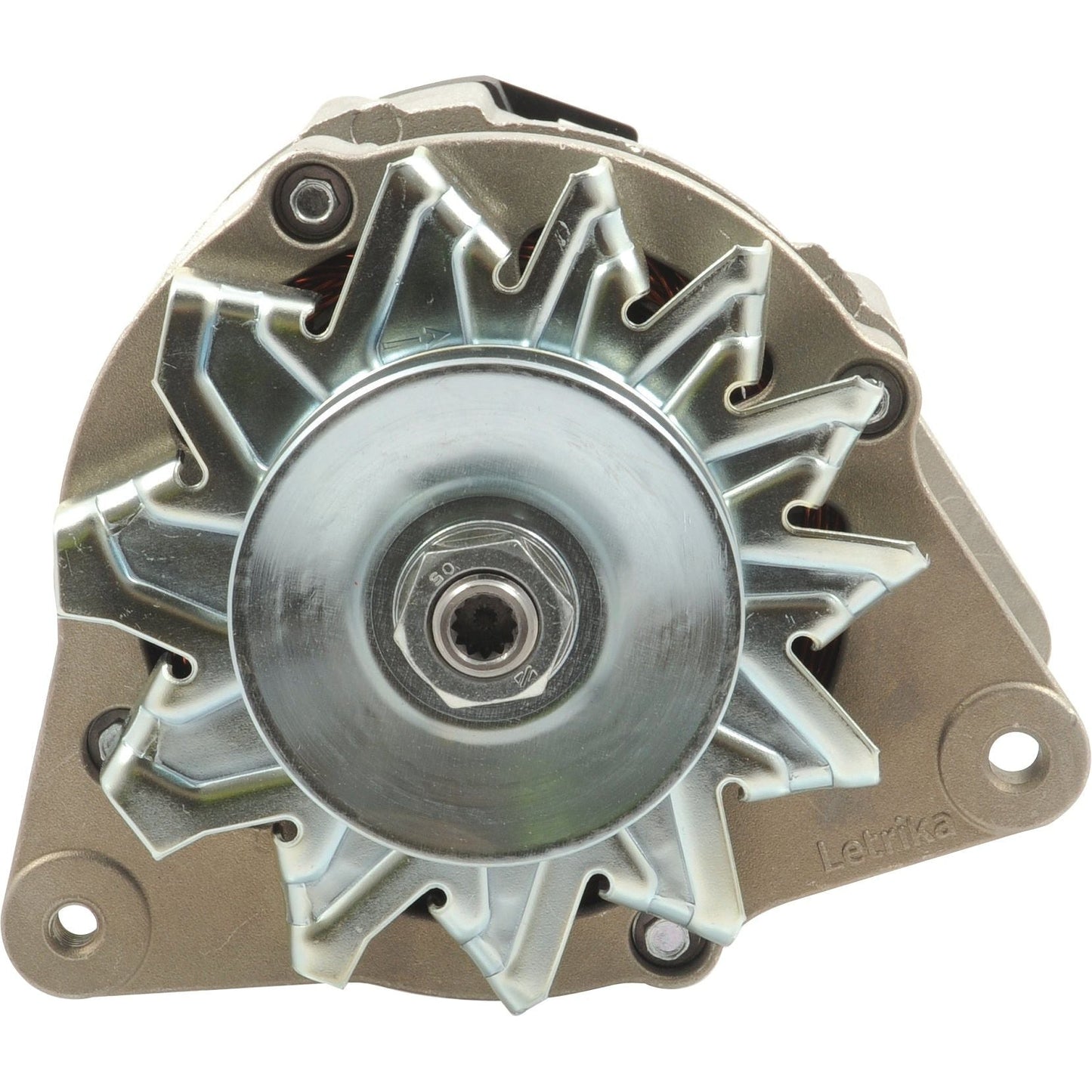Close-up of a silver automotive alternator with visible cooling fan blades, mounting holes, and a single groove pulley, designed for electricity generation in vehicles. The Sparex Alternator (Mahle) - 14V, 65 Amps | Sparex Part No.S.361550 incorporates advanced engineering to ensure optimal performance and reliability.