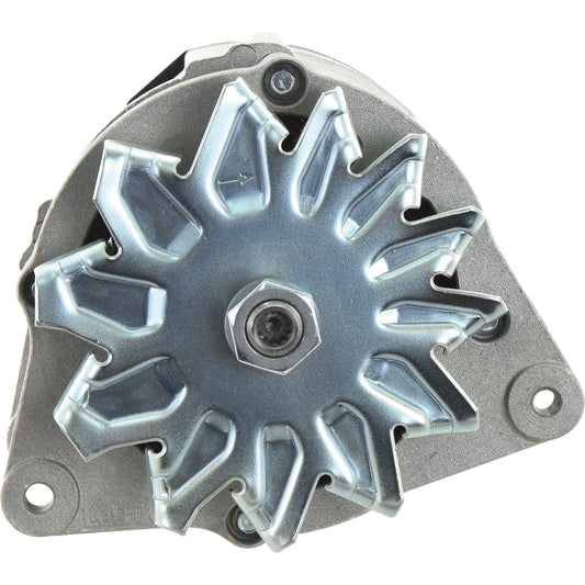 A front view of the Sparex Mahle alternator (S.36169) featuring a fan-like structure, designed to deliver 70 Amps at 14V for automotive applications.