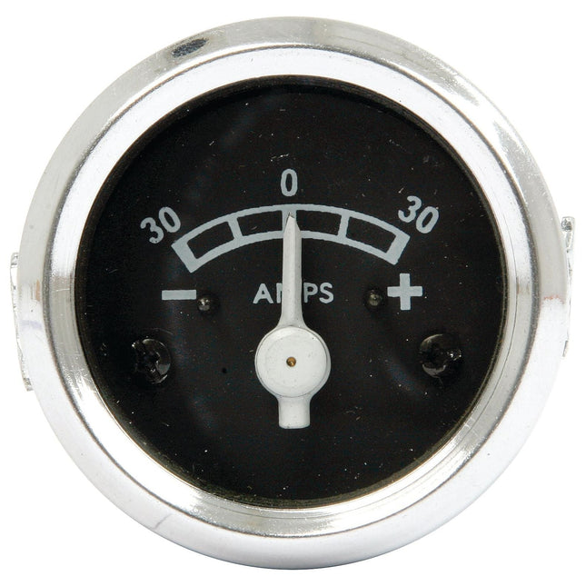 The Sparex Ammeter (Part No. S.4340) is an analog gauge featuring a range from -30 to +30 amps, with a white needle centered at zero. It boasts a chrome ring and a black face with white markings, ensuring clear readability even when illuminated.