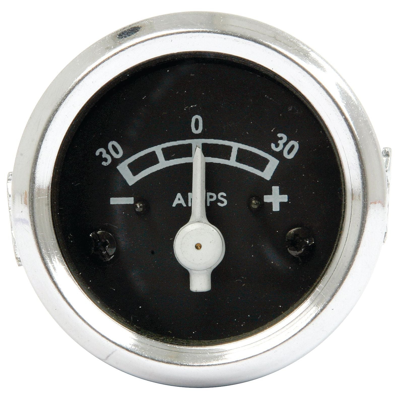 The Sparex Ammeter (Part No. S.4340) is an analog gauge featuring a range from -30 to +30 amps, with a white needle centered at zero. It boasts a chrome ring and a black face with white markings, ensuring clear readability even when illuminated.