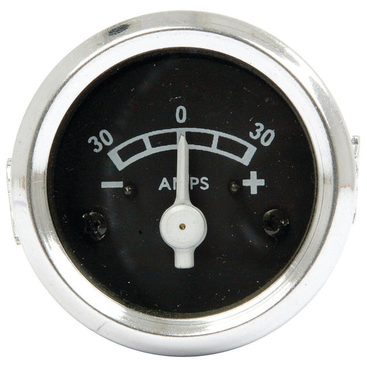 The Sparex Ammeter (Part No. S.4340) is an analog gauge featuring a range from -30 to +30 amps, with a white needle centered at zero. It boasts a chrome ring and a black face with white markings, ensuring clear readability even when illuminated.